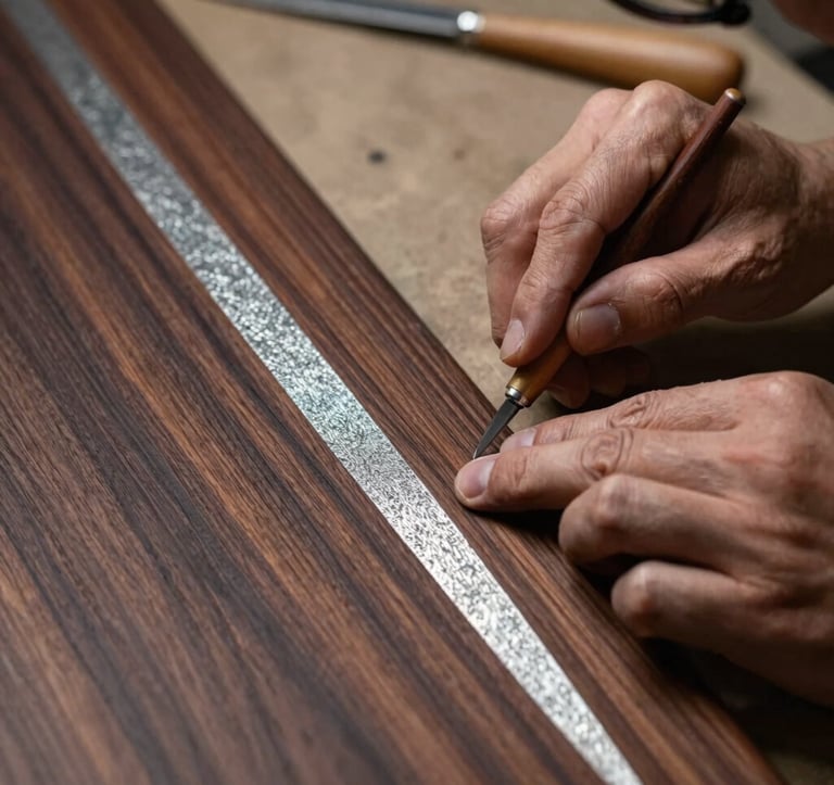 A close-up photograph focusing on the hands of a master craftsman in a studio, delicately applying a refined finish to a bespoke wood panel. The lighting is soft and focused, emphasizing the rich textures of deep espresso wood and fine silver-sand materials.