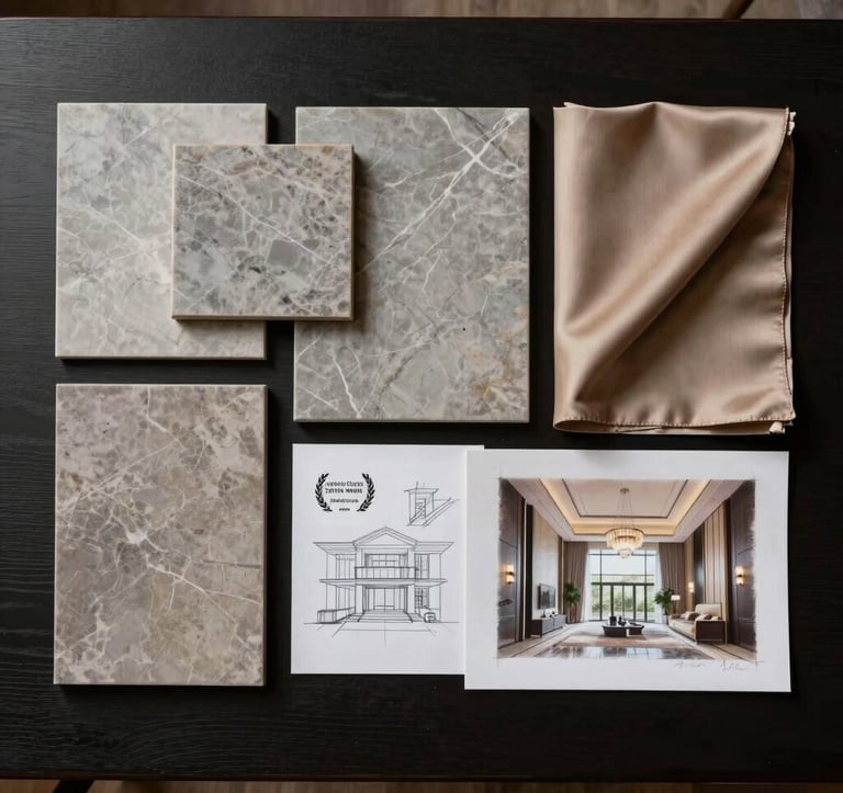A top-down architectural photograph of a moodboard on a dark ebony desk. It features muted stone grey marble samples, warm sand taupe silk fabrics, and sketches of a luxury villa interior. Professional, organized, and artistic lighting with soft shadows.