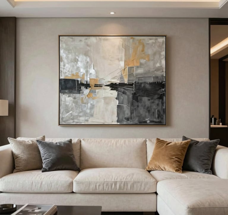 A refined interior shot of a modern penthouse living room. The furniture is upholstered in creamy off-white linens with cushions in warm slate. A large abstract painting in silver-sand and charcoal hangs on a textured wall. The style is sophisticated, tranquil, and high-end.