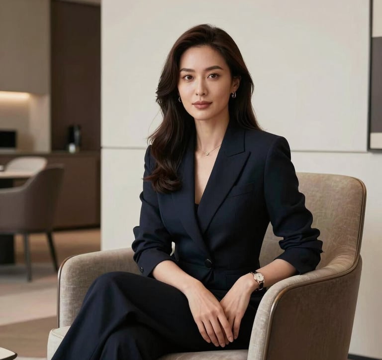 A professional portrait of a female interior designer with a sophisticated look, sitting in a luxury armchair. The background shows a modern apartment interior with creamy off-white walls and dark earth tone accents. High-end photography.