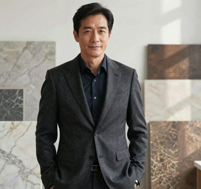 A professional portrait of a male architect in his 40s wearing a high-end tailored suit in deep charcoal. He is standing in a brightly lit studio with marble samples in silver sage and muted bronze in the background. Soft, natural light.