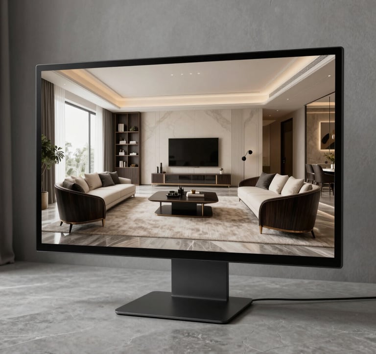 A high-tech studio setting showing a large monitor with a detailed 3D architectural render of a modern luxury living room. The room in the render features soft alabaster cream walls and bespoke dark ebony furniture. Professional atmosphere with muted stone grey tones.