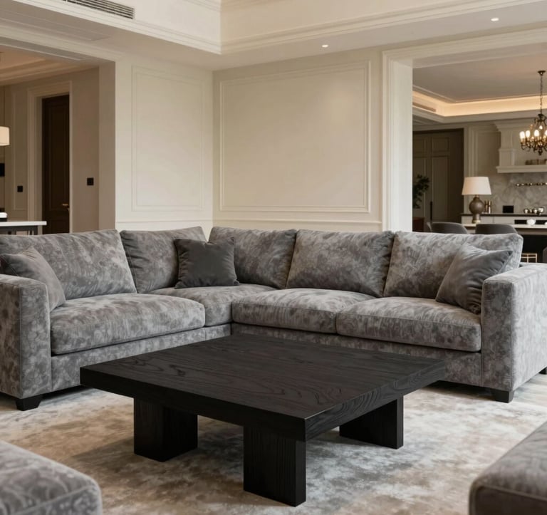 A professional interior photograph of a premium villa lounge. A sophisticated soft pebble grey sofa is paired with a dark ebony wood coffee table. The walls are a warm ivory with subtle architectural molding. The space feels open, airy, and exclusive.