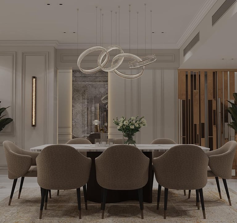 Modern luxury dining room featuring a marble table, velvet chairs, and a contemporary halo chandelier.