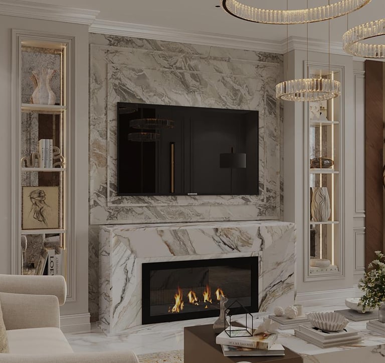 Luxury living room featuring a marble fireplace, wall-mounted TV, and elegant built-in shelving.