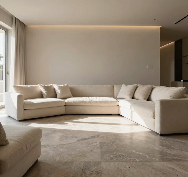 A wide-angle professional photograph of a completed luxury living room in a Cairo villa. Sunlight streams onto soft alabaster cream sofas. The floor is a polished muted stone grey. Minimalist, expensive, and tranquil atmosphere.
