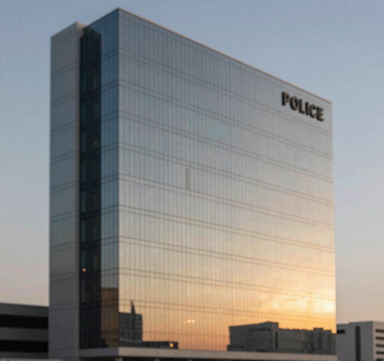 A minimalist, wide-angle shot of the Dubai Police Headquarters' modern glass facade reflecting a golden sunset. The architectural lines are sharp and sophisticated, using the #607B8B and #B28F5D tones to emphasize a futuristic, secure environment.