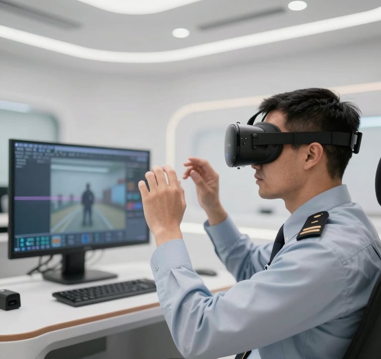 A close-up of a high-tech training simulator in a luxury facility. An officer is using virtual reality gear. The aesthetics are clean, white, and #F2F4F7 focused, with subtle #B28F5D light accents, showcasing advanced professional development.