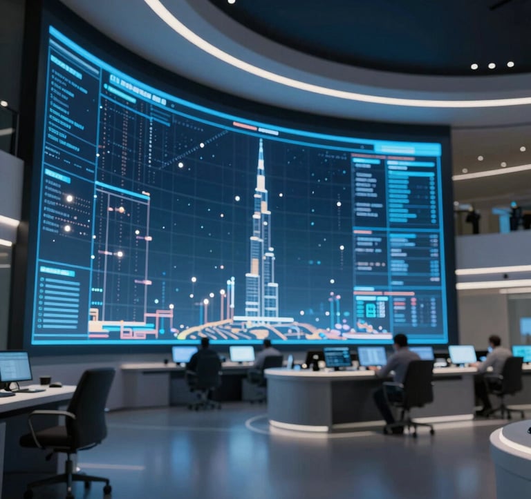 An ultra-modern command and control center interior. Large curved glass screens display a digital twin of Dubai with glowing data points. The atmosphere is cool and sophisticated with deep navy tones and sharp slate blue highlights.