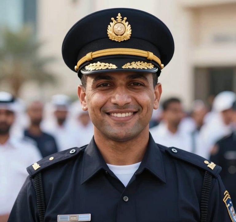 A close-up portrait of a Dubai Police officer in a crisp, dark navy uniform, smiling warmly during a community event at a luxury plaza. Sunlight glints off the gold crest on the officer's hat.