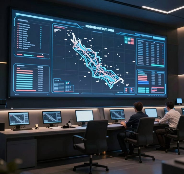 A high-resolution interior view of a command and control center. Multiple large holographic displays show data points across a map of Dubai. The room is dark (#0A1128) with #607B8B consoles and soft #B28F5D highlights, representing futuristic authority.