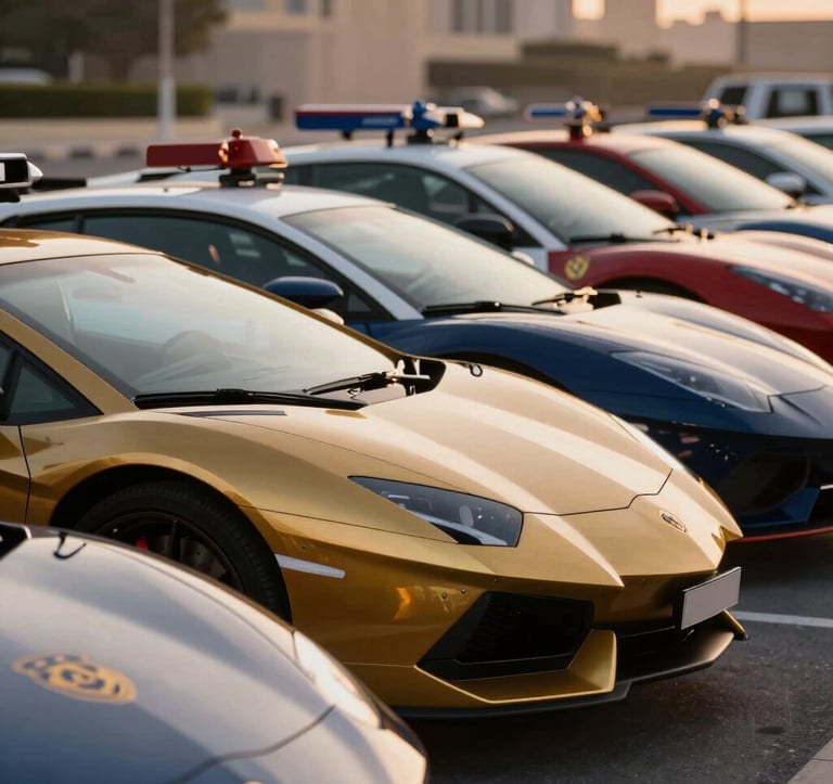 A close-up, low-angle shot of a line of luxury Dubai Police patrol supercars, including a Lamborghini and a Ferrari. The focus is on the gleaming metallic surfaces and the police crest. The scene is set during the golden hour, with warm highlights reflecting the brand's gold (#B28F5D) and navy (#0A1128) palette. High-end, prestigious vibe.