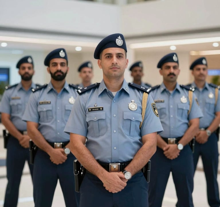 A group of Dubai Police officers in sharp, tailored uniforms standing with professional poise in a high-tech lobby. The color palette includes #607B8B and #F2F4F7 accents. The lighting is bright and prestigious, highlighting the silver and gold insignias on their uniforms.