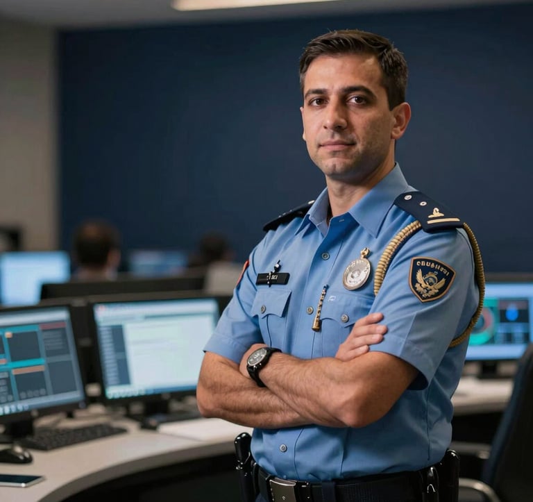 A sophisticated officer of the Dubai Police standing with arms crossed next to a high-tech console in a state-of-the-art command center. Dark navy background with soft amber lighting to highlight authority and security.