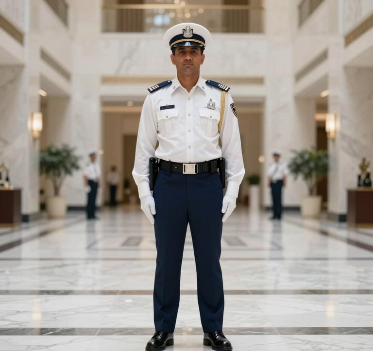 A wide-angle, symmetrical shot of an elite Dubai Police officer in a crisp ceremonial uniform standing at attention within a marble-clad luxury atrium. Soft, professional lighting highlights the prestigious and authoritative atmosphere, utilizing a palette of off-white (#F2F4F7) and deep navy (#0A1128).