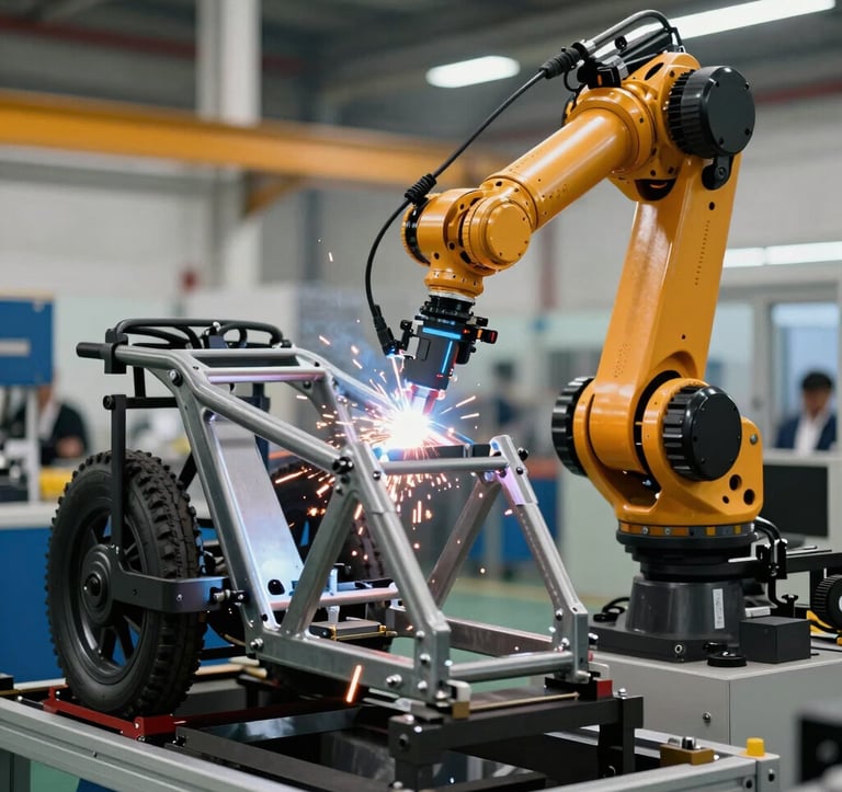 A sharp photography shot of a high-tech manufacturing line featuring a robotic welding arm as it works on a steel electric tricycle frame. Sparks are visible, emphasizing industrial precision. Global / International factory setting.