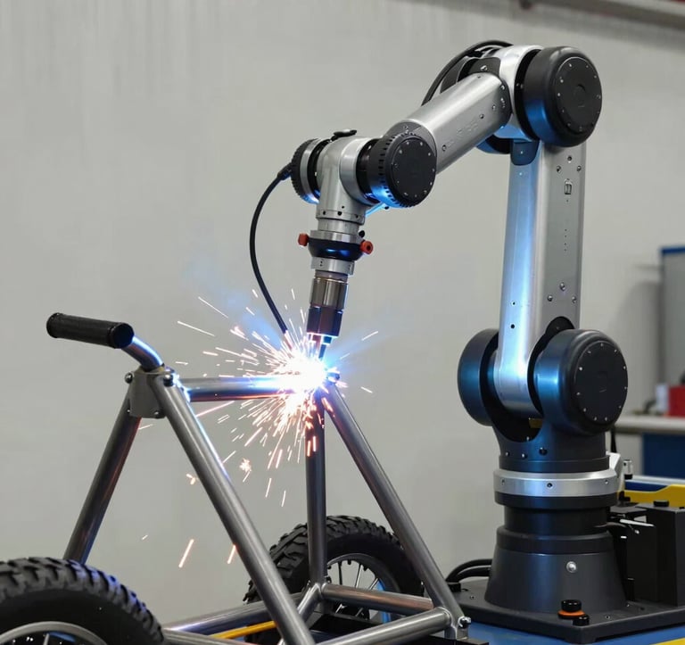 A detailed close-up of a high-tech robotic welding arm emitting bright sparks as it precision-welds a steel electric tricycle frame. The lighting features cool blue tones against an industrial off-white background.