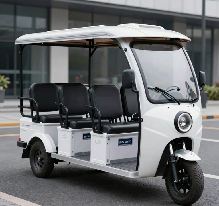 A professional photography shot of a white BN-ZKC series passenger electric tricycle for five passengers, shown on a clean modern street. The design is sleek and professional. Global / International style.