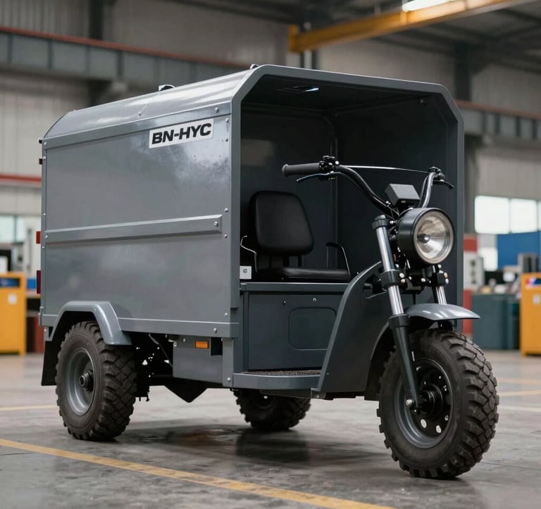 A heavy-duty BN-HYC electric cargo loader tricycle shown in an industrial warehouse setting. The vehicle features a large rear carriage and robust tires, shot with sharp focus to emphasize its durable engineering.