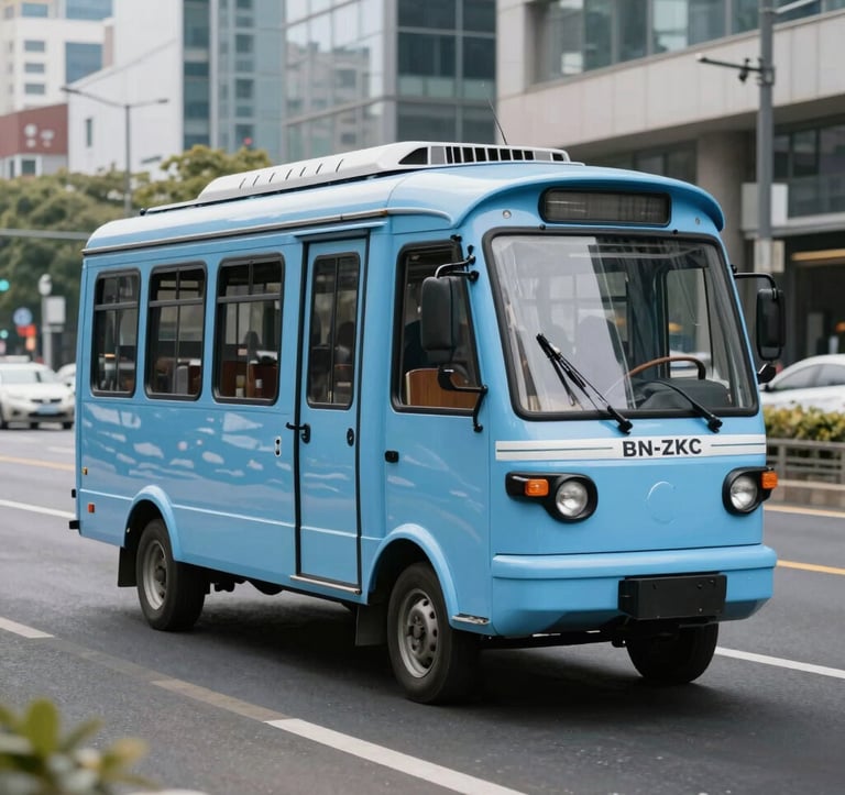 A photography shot of a BN-ZKC series passenger tricycle, finished in a clean light blue, navigating a modern metropolitan road in a global international setting. The lighting is crisp, emphasizing its sleek design for urban transit.