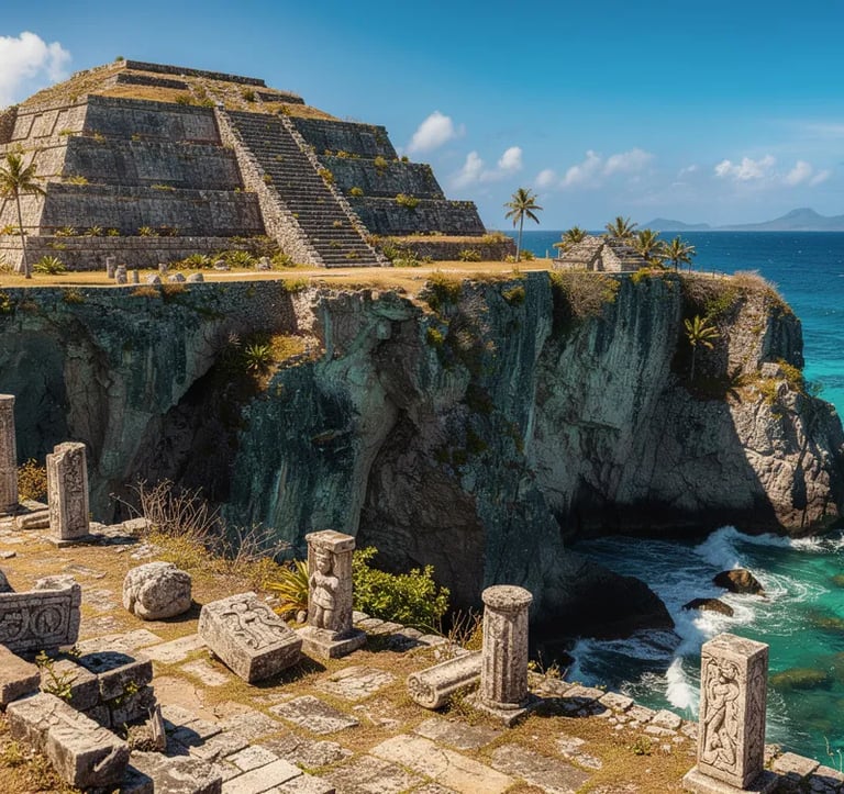 Ancient Mayan ruins and stone pyramid on a coastal cliff overlooking turquoise ocean waters.