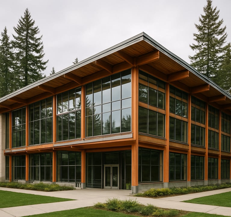 A wide shot of a bright, modern university campus building in the North American / US Pacific Northwest, featuring large glass windows and integrated wood beams, surrounded by tall evergreen trees under a soft, overcast sky.