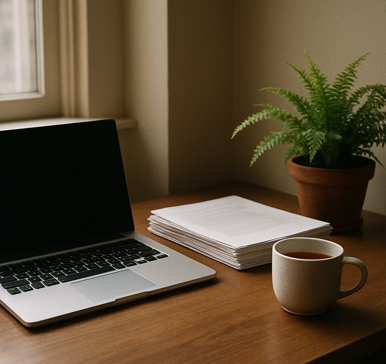 Photography of a professional workspace in a US university setting. A laptop is open next to a stack of scholarly papers and a ceramic mug of tea. A small, vibrant green fern in a clay pot sits to the side, illuminated by soft, natural window light hitting the crisp parchment-colored walls.