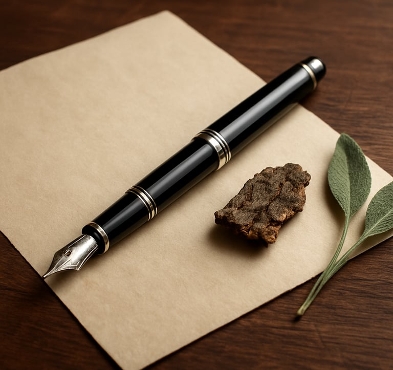 Detailed photography of a classic fountain pen with silver accents resting on a crisp parchment-colored manuscript. A small piece of wood bark and a sprig of sage are placed neatly beside the paper on a dark brown wooden tabletop. Professional, scholarly atmosphere with soft, natural lighting.