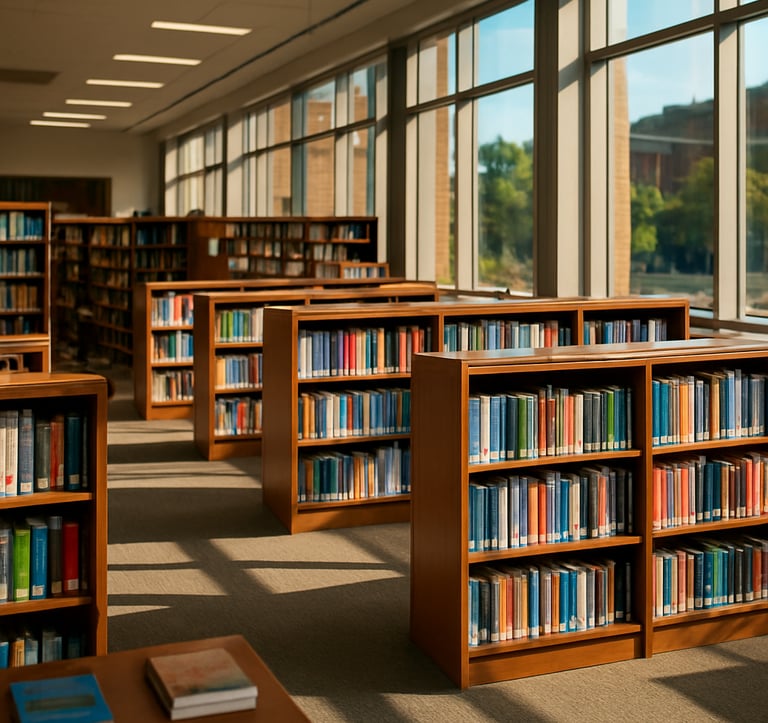 A bright, modern university campus bookstore in the US, with sunlight streaming through large glass panes, showing rows of neatly organized academic books and a peaceful atmosphere.