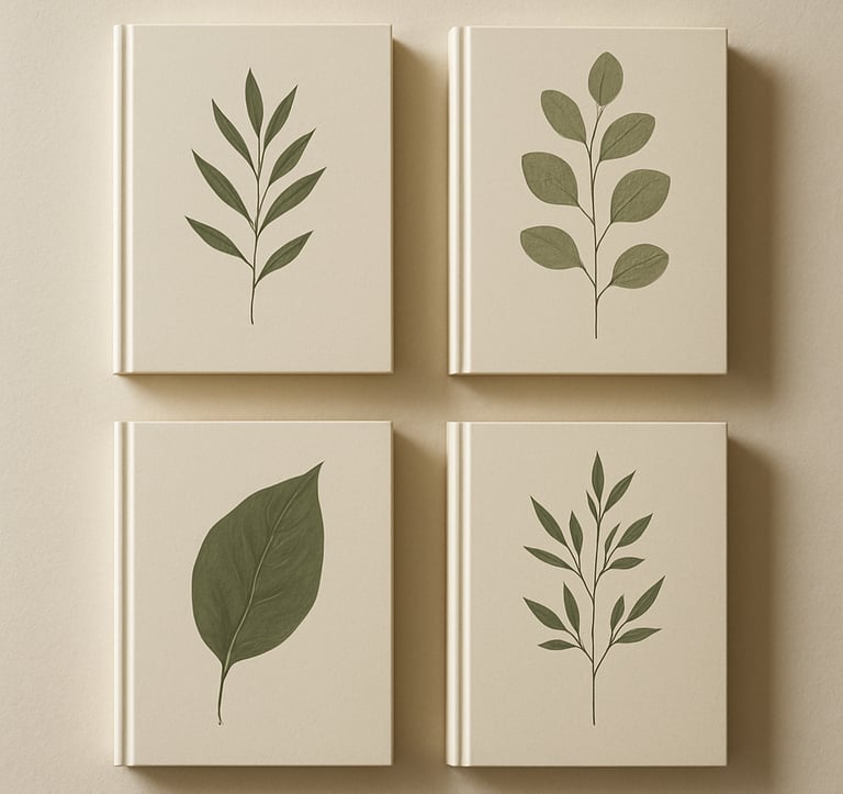 Top-down view of professional textbook covers featuring minimalist botanical patterns and elegant serif typography, resting on a crisp parchment-colored surface, clean and sophisticated North American design aesthetic.