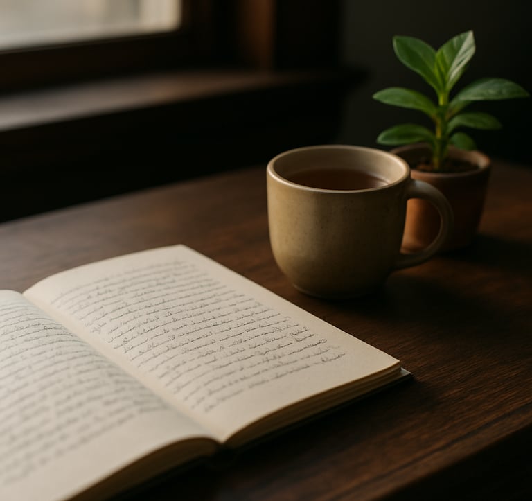 A close-up of a high-quality manuscript on a dark walnut wood desk, accompanied by a ceramic mug of tea and a small green plant, with a soft morning light filtering through a North American window.