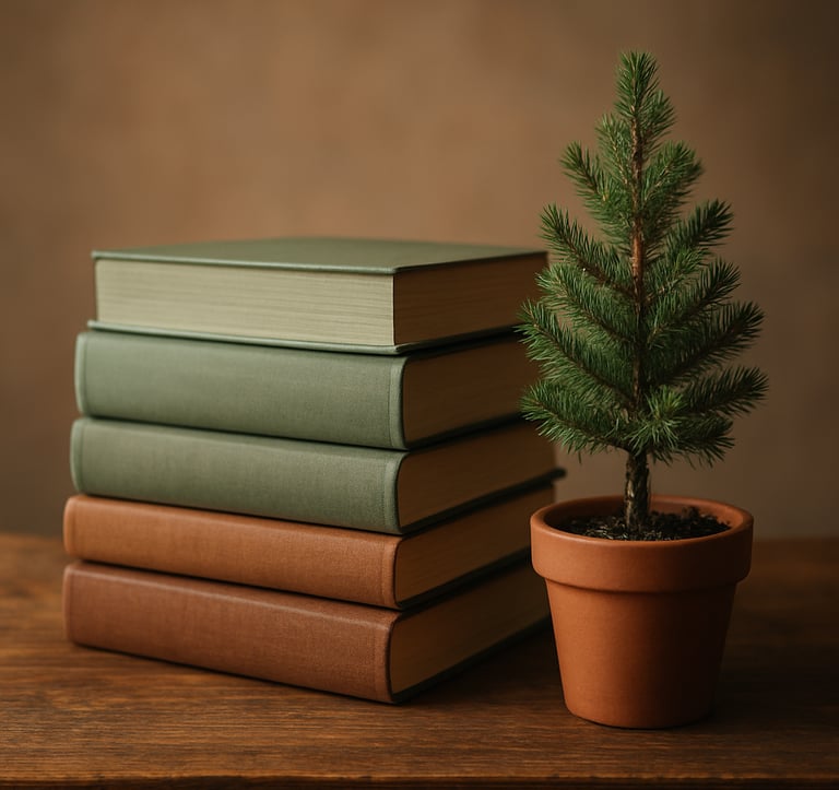 A stack of hardcover academic books with sage green and wood brown spines, neatly arranged on a rustic wooden table. Beside them sits a small potted pine tree, symbolizing intellectual growth. North American / US academic setting.