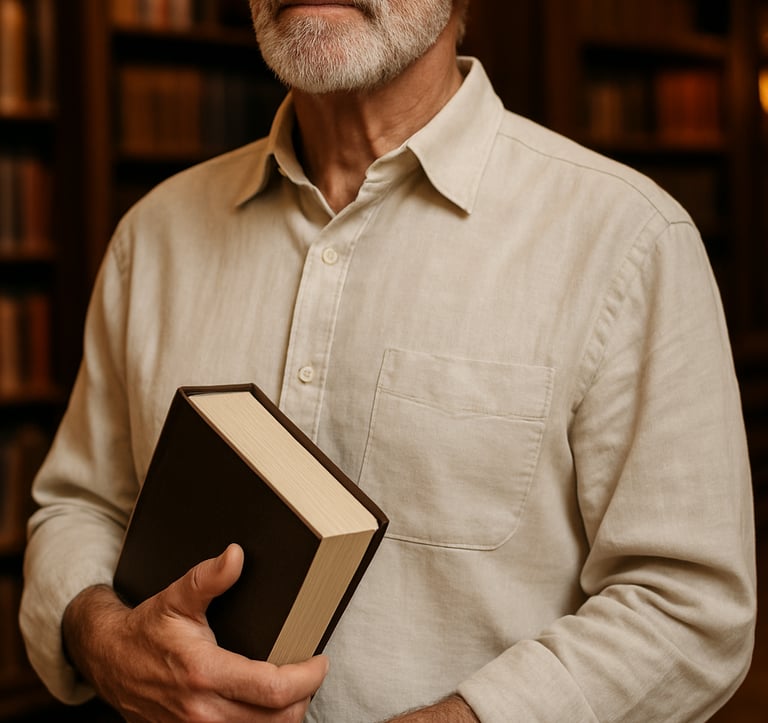 A close-up photograph of a professor in a crisp parchment-colored linen shirt holding a high-quality textbook. The setting is a classic North American university library with dark wood bookshelves and soft, warm lighting.
