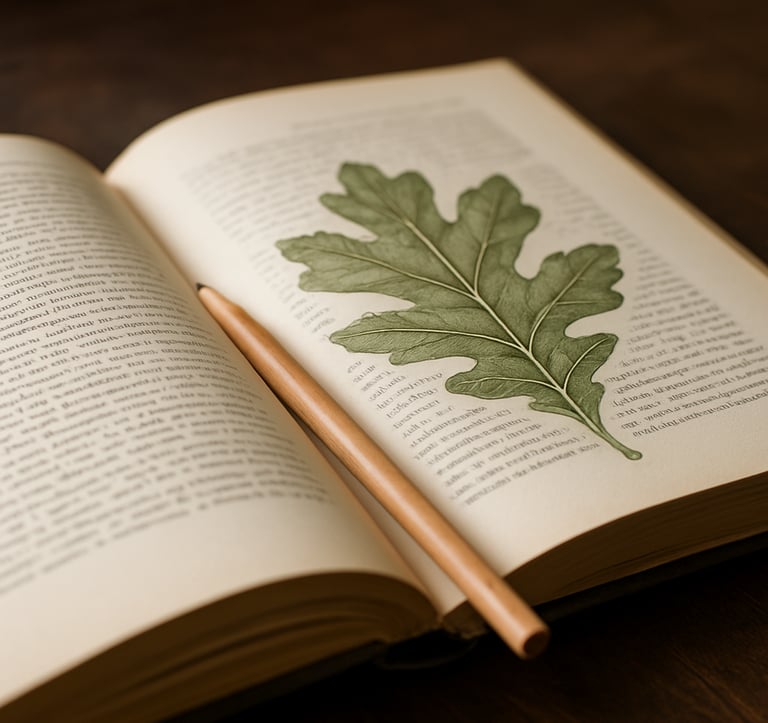 Close-up photography of an open academic textbook resting on a dark wood surface. The page shows a detailed botanical illustration of an oak leaf alongside sophisticated serif typography. A single, natural wood pencil lies across the spine of the book in a well-lit North American study.