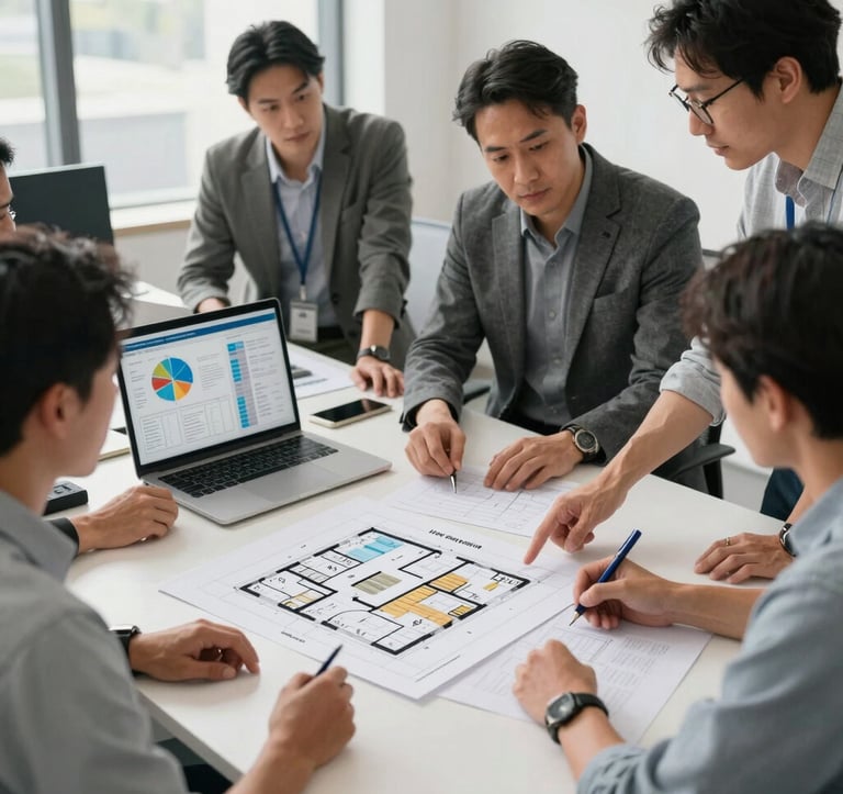 Behind-the-scenes photography of a consulting team in a US office working on real estate expansion. They are reviewing architectural floor plans and digital financial charts on a large table. The scene is bright and professional, emphasizing strategic planning and expertise.