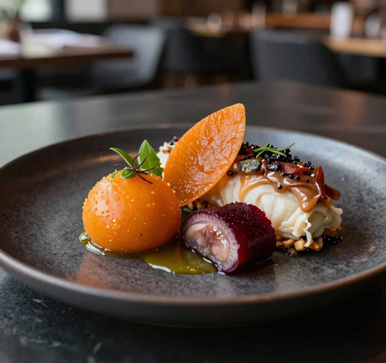 Close-up photography of an exquisitely plated gourmet dish in a modern North American restaurant. The lighting highlights the textures of the food, with orange and deep crimson elements in the presentation, set against a dark, professional table surface.