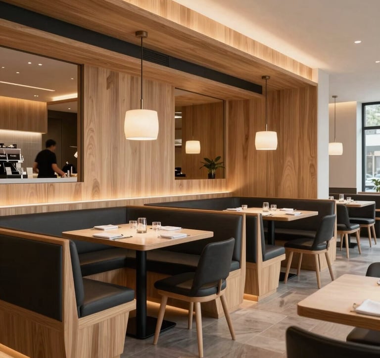 A high-end restaurant interior in the US, designed with a Scandinavian aesthetic featuring light wood, sleek black seating, and warm lighting. The atmosphere is cozy yet professional, showcasing a space that has been optimized for high-value operations and customer experience.