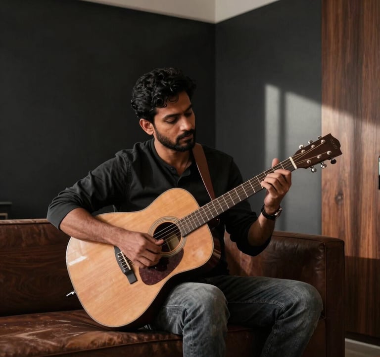Photography of a solo Indian male musician playing an acoustic guitar in a sleek, minimalist room with deep cedar brown accents and soft morning light hitting the charcoal black walls.