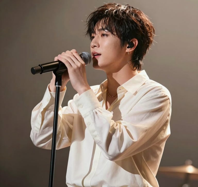 A cinematic shot of a musician performing live, wearing a soft off-white shirt, with warm muted sand lighting reflecting a sophisticated and empowered artist mood.