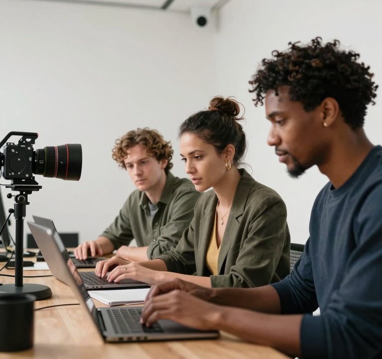 A group of three diverse music industry professionals collaborating over a laptop in a modern, sophisticated workspace with bone white walls and professional studio equipment.