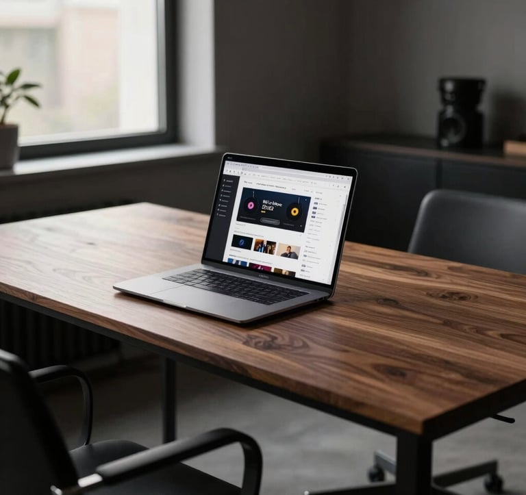 A professional interior photograph of a modern music management office. A Deep Walnut Brown wooden table sits in a room with Charcoal Black minimalist furniture. A laptop on the table shows a high-end music distribution platform. Soft morning light coming through a window.