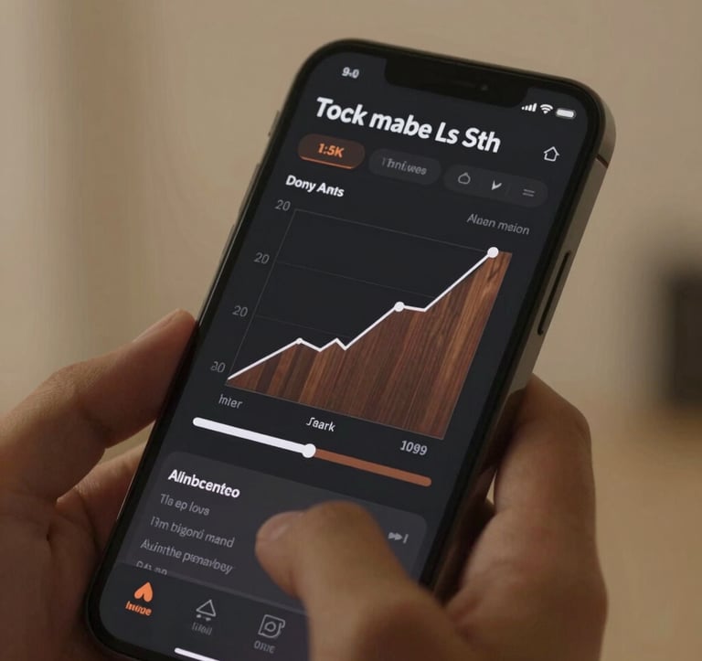 A close-up photography shot of a smartphone screen displaying a sleek music analytics dashboard with rising graphs. The phone is held by a hand in a room with Warm Sand Beige walls. The interface features Charcoal Black and Deep Walnut Brown accents, looking modern and sophisticated.