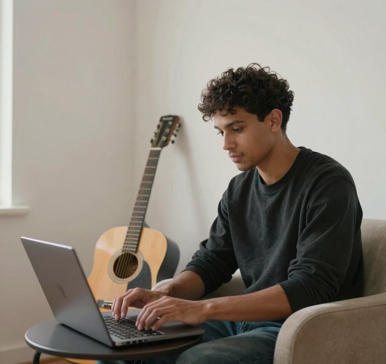 An independent musician working on a laptop in a brightly lit, minimalist home studio with off-white walls. A guitar leans against a soft sand-colored chair. The scene is clean, empowering, and modern.