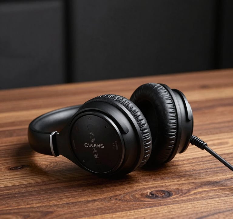 A close-up shot of professional high-end audio headphones resting on a cedar brown wooden table, with a blurred charcoal black studio background, representing high-quality audio distribution.
