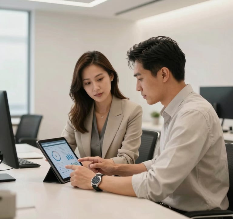 Two music business professionals collaborating in a sleek, modern office. They are looking at a tablet showing data insights. The room is decorated in an off-white and soft sand palette with dark charcoal furniture. Professional and globally-minded style.