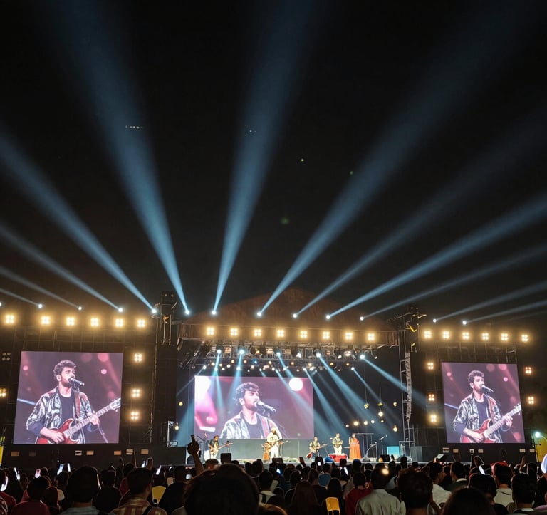 A wide-angle photography shot of a vibrant music festival stage at night in India. Large screens show a musician performing. The lighting is a mix of Deep Walnut Brown and Soft Pearl White spotlights cutting through a Charcoal Black night sky. High energy and professional.