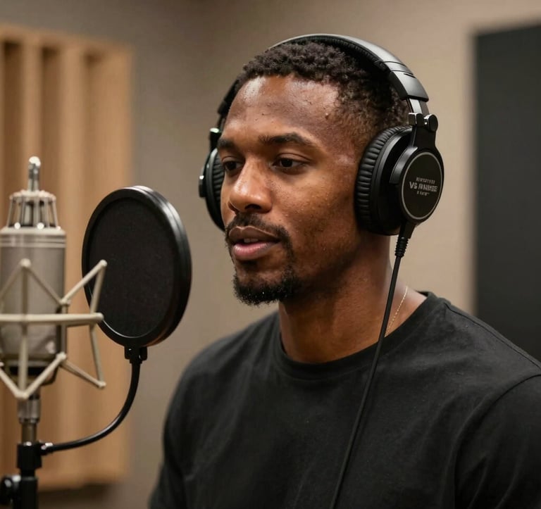 A professional portrait of a growing artist in a vocal booth, wearing high-quality headphones. The lighting is warm with deep bronze and soft sand highlights. The background is a blurred professional studio environment, conveying progress and confidence.