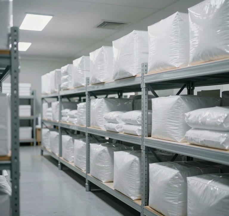 An editorial wide shot of a sterile, high-end North American / US logistics center showing silver shelving units and monochromatic packaging, bureau-grade aesthetic with clear depth of field.