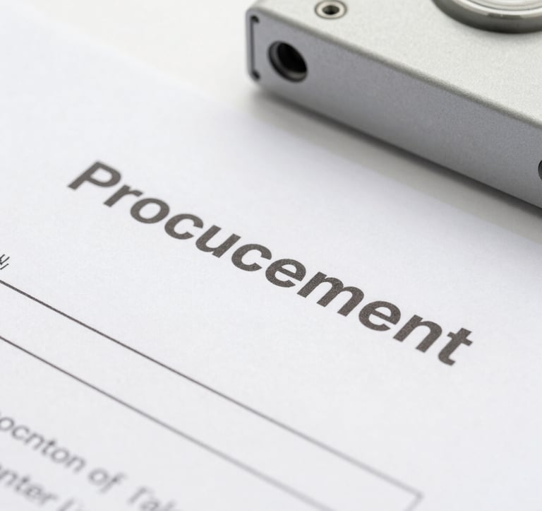 A minimalist macro photograph of a high-tech procurement document and light grey technical components. Focus on sharp typography and charcoal textures. Clean, bright studio lighting in a North American / US corporate setting.