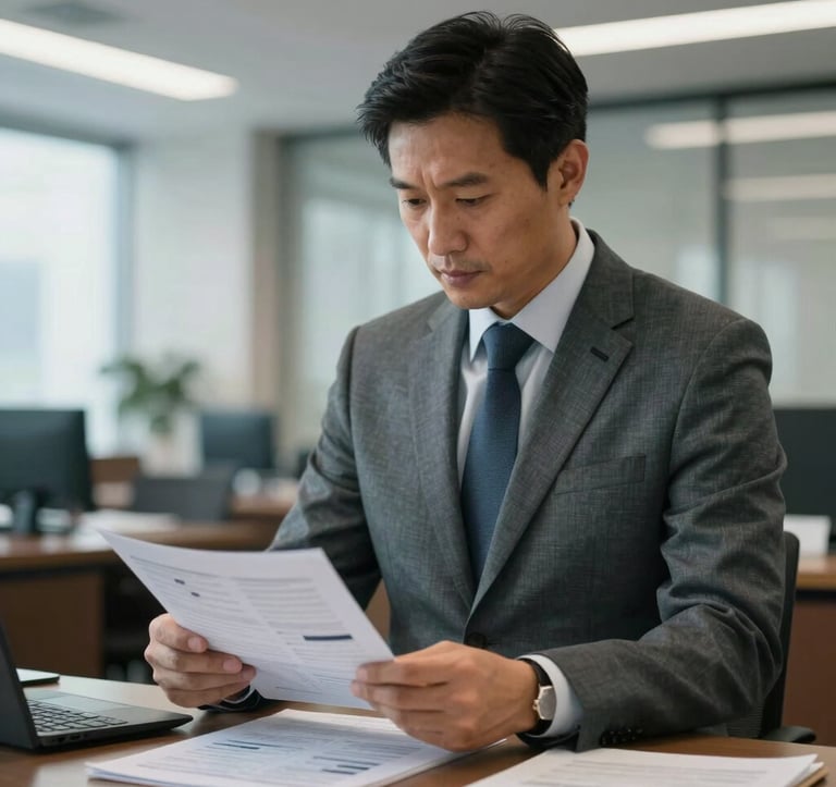 A focused professional in formal attire reviewing technical catalogs within a high-ceilinged North American / US corporate office. The background is blurred, highlighting the authority and sophisticated slate blue-grey atmosphere.